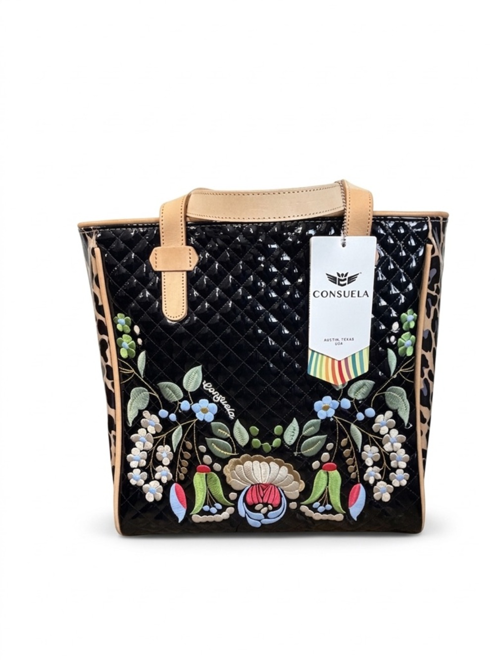 Consuela NWT Ezzy Black Quilted Tote with Multicolor Floral Embroidery